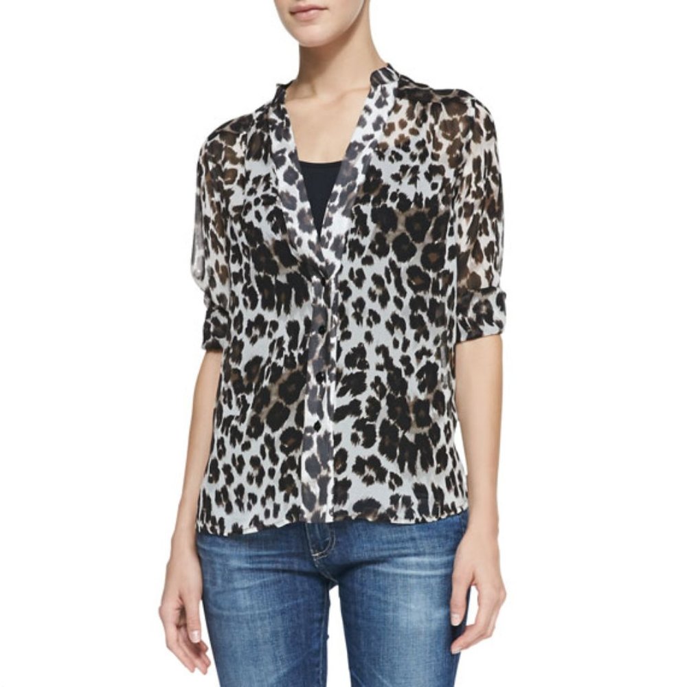 DIANE VON FURSTENBERG Harlow Snow Leopard Print Silk Georgette Blouse